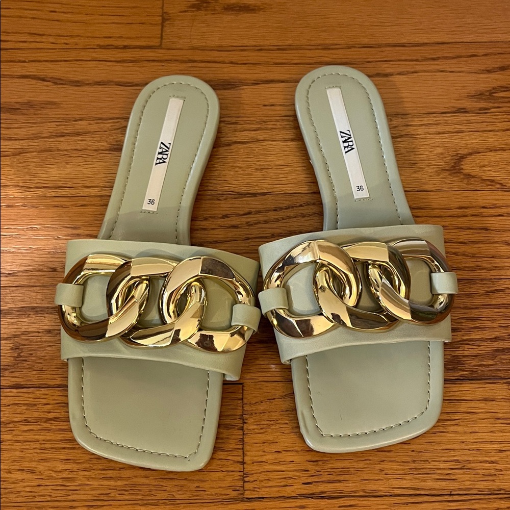 Zara Mint Green Slides with Gold Chain